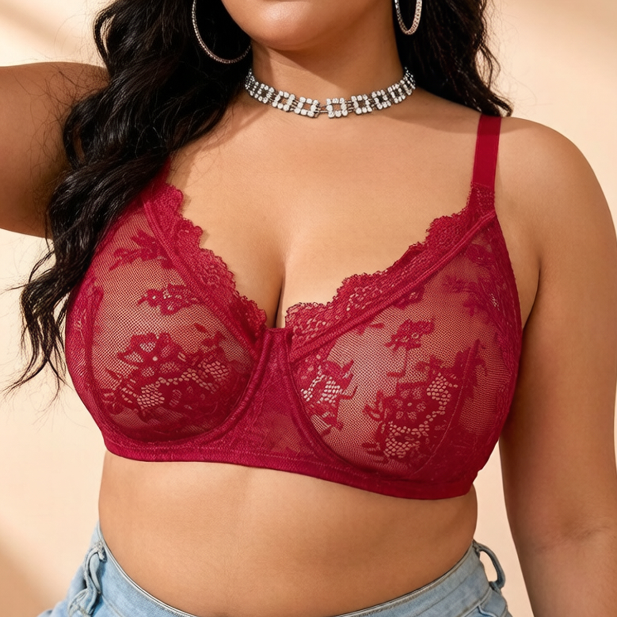 Women Plus Size Red Lace Sheer – Full Coverage Bra recenzja i cena