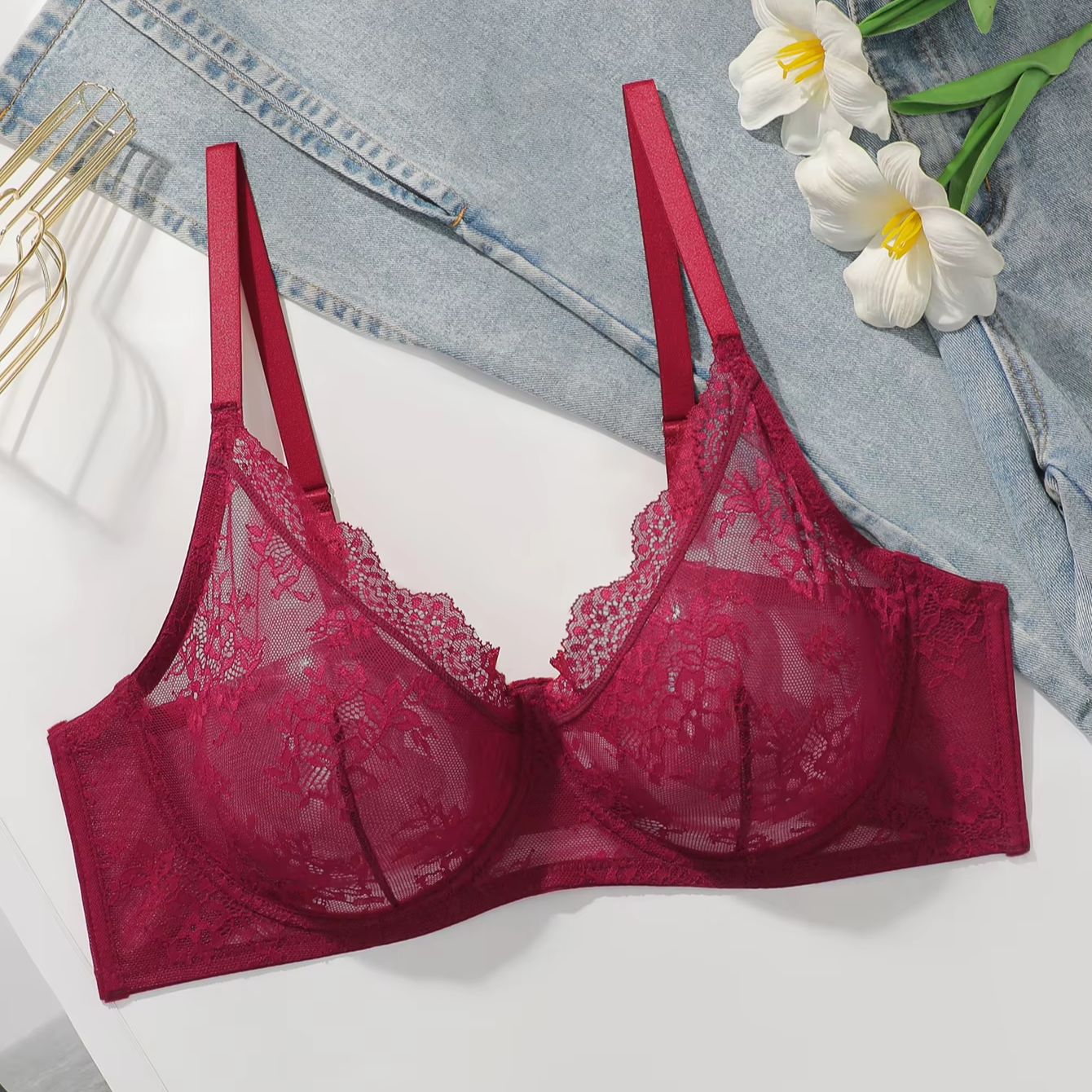 Women Plus Size Red Lace Sheer – Full Coverage Bra recenzja i cena